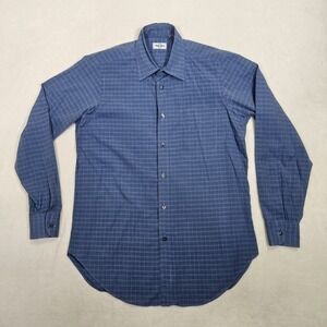 Ascot Chang Men's Shirt‎ Size (L) Blue Checkered Custom Made in Hong Kong Vtg
